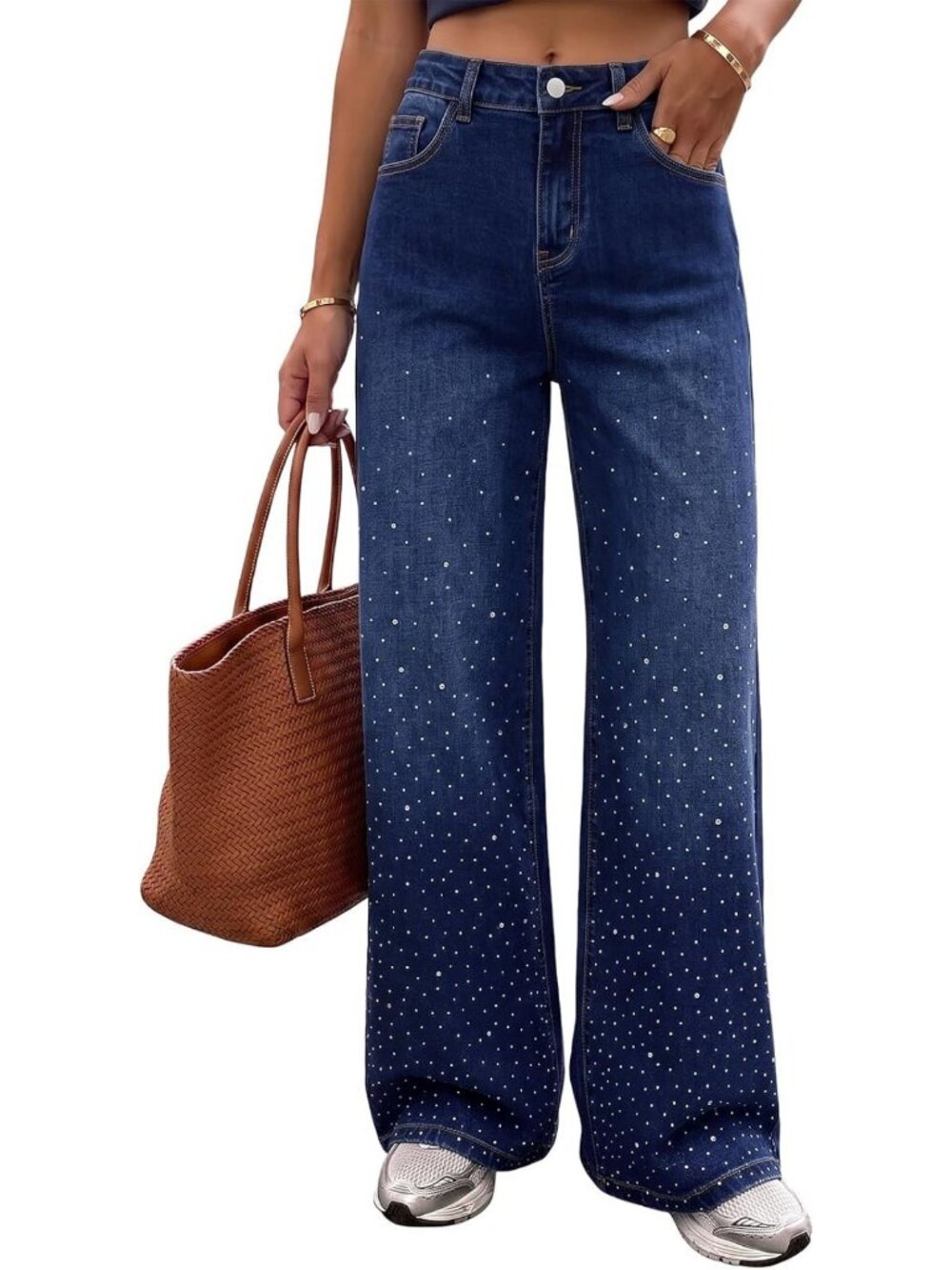 Trendy Wide Leg Stretchy Denim Jeans with Rhinestones for Women - Chic Casual